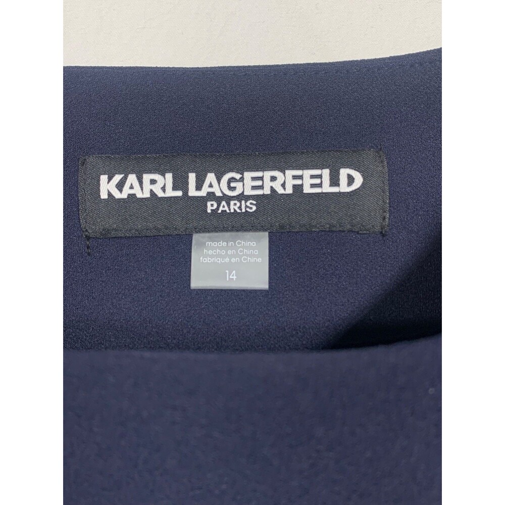 Karl Lagerfeld Paris Scuba Crepe Sheath Dress 14 Navy Pearl Cuff Chiffon Sleeve - Picture 3 of 12